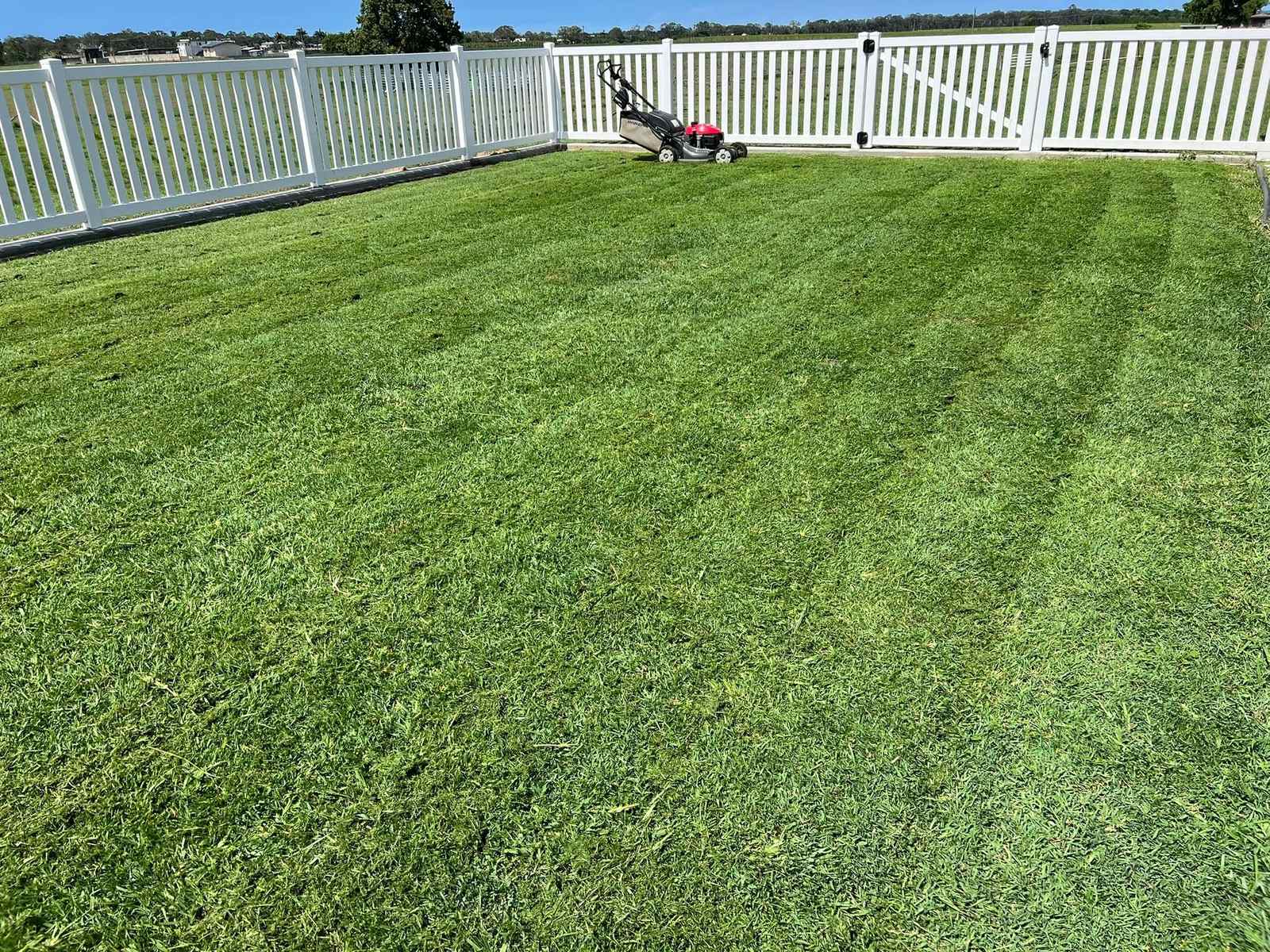 A driveway and garage in warm afternoon light beside a cut lawn