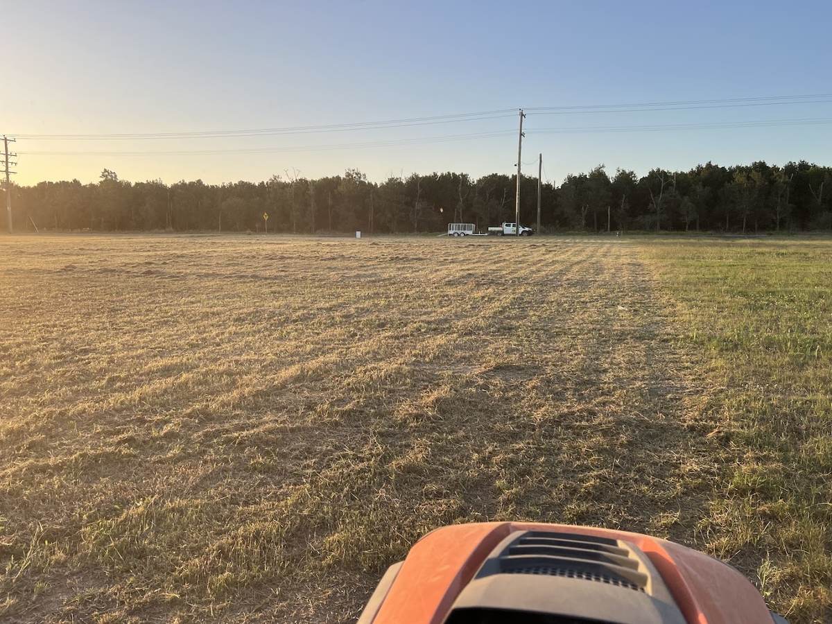 Long grass ahead of a mower cutting across a large open block