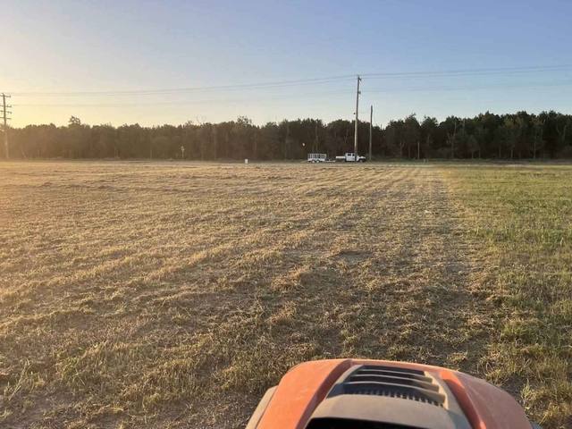 Long grass ahead of a mower cutting across a large open block